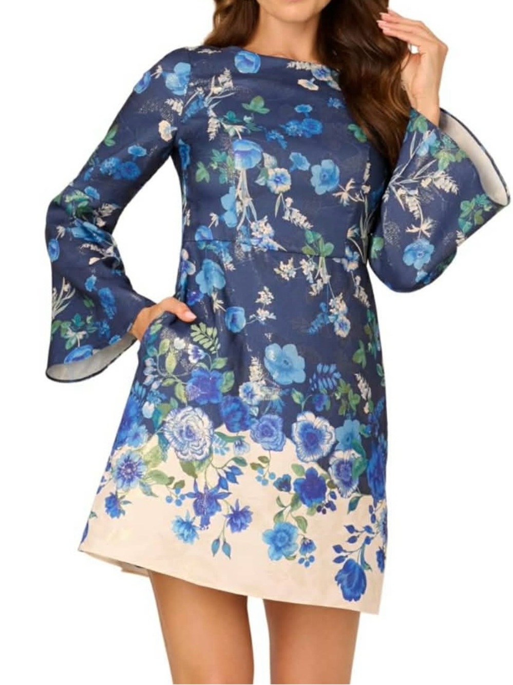 Adrianna Papell Navy and Cream Floral Bell Sleeve Mini A-line Dress size 14 NWT